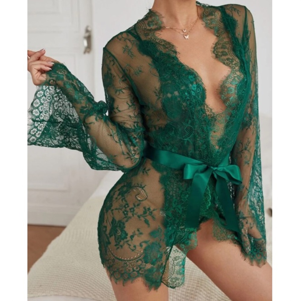 Embroidered mesh lace up bodysuit with robe - Picture 5 of 11
